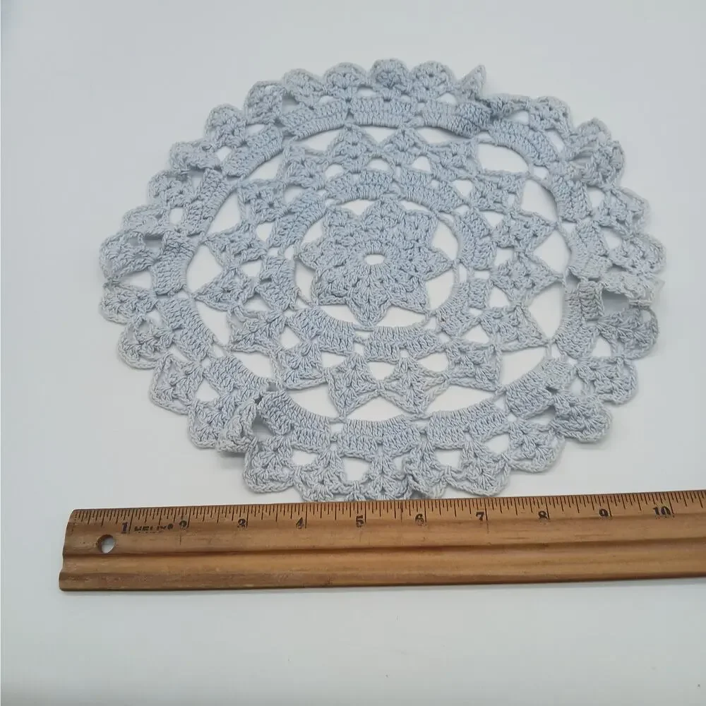 Vintage Handmade Crocheted  Doily Kitchen Round Yellow and Blue Doilies Set of 5 - Picture 5 of 11